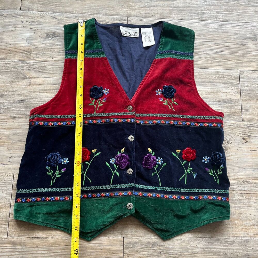 Vintage Vest Embroidered Women's Large Casey & Max Floral Velvet Unique 90s - Picture 7 of 7